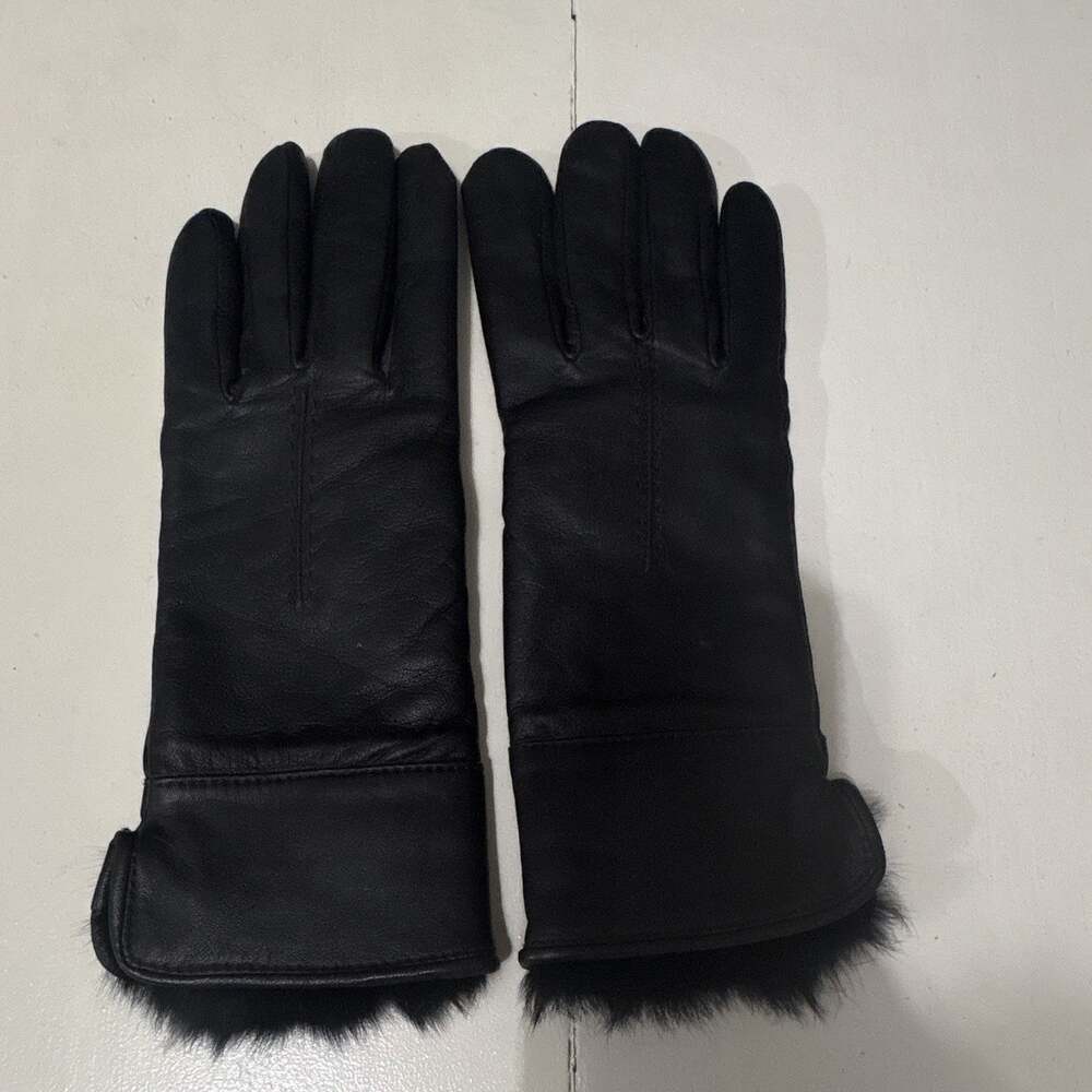 Women’s Black Size Medium Leather Gloves Fur Trim Size m